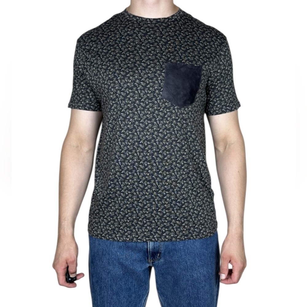 ALL SAINTS Infinate Crew Cotton Suede Leather Pocket Short Sleeve Tee Shirt